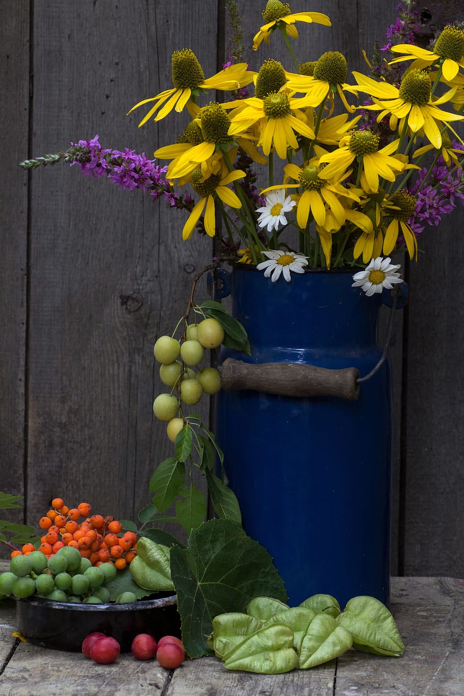 still life, milk can, pot, fruit, yellow coneflower, freshness, flower, flowering plant, food, food and drink
