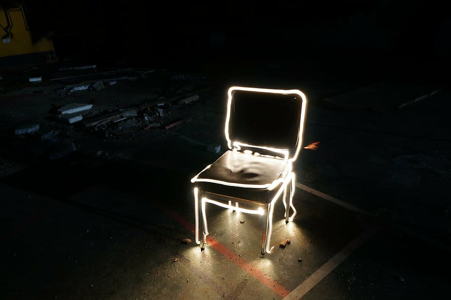 lightpainting, chair, light, shadow, seat, dark, indoors, technology, communication, crime