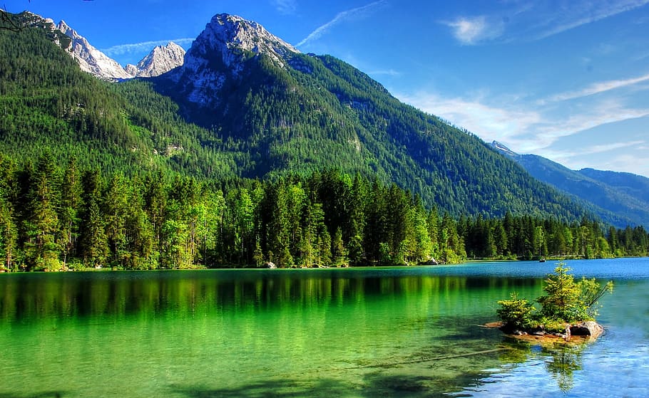 clear, photography, forest mountain, body, water, body of water, ramsau, hintersee, bavaria, upper bavaria