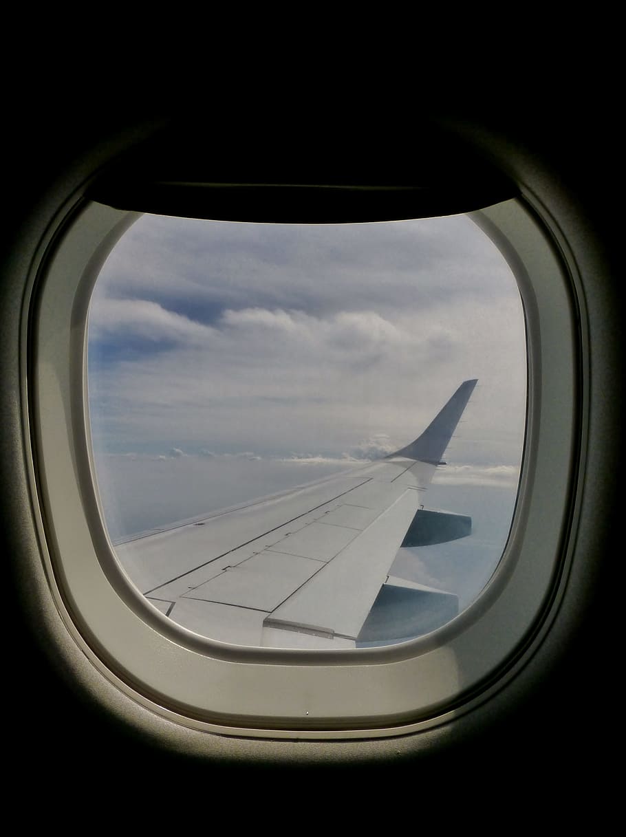 Asiento de ventana, avión, vista, mosca, ventana, viaje, cielo, azul, nubes, perspectiva