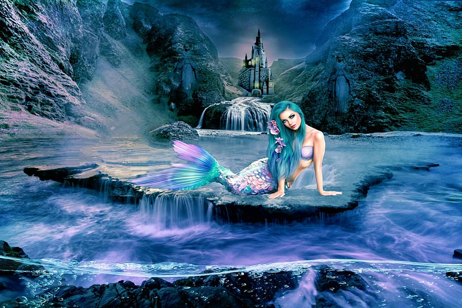 mermaid, body, water, waters, nature, summer, fairy tales, castle, fantasy, blue