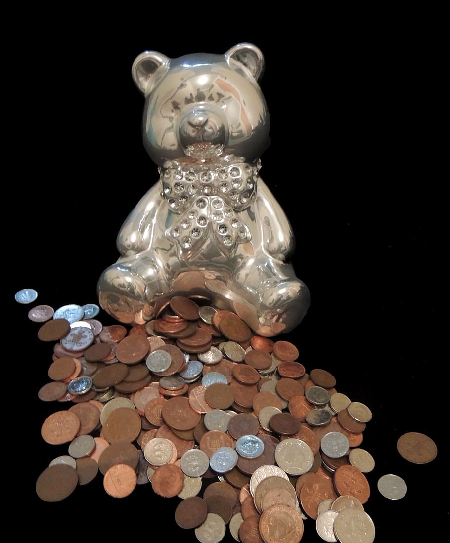 silver-colored, bear, decor, round coin lot, teddybear, coins, save, money, alowance, earn