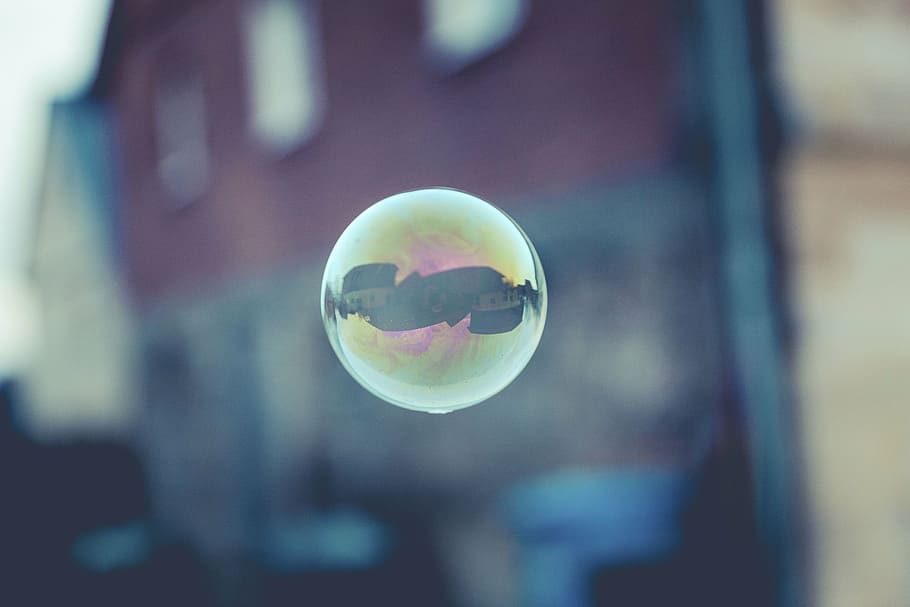 burbuja, flotante, aire, agua, reflexión, urbano, ciudad, edificio, establecimiento, arquitectura