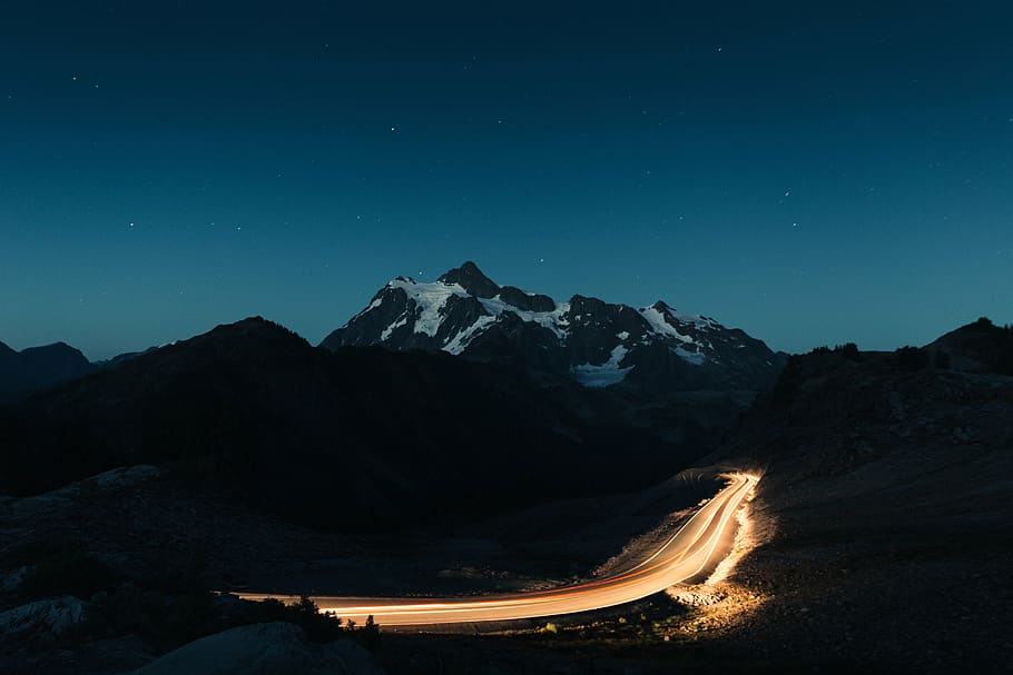 time-lapse photography, street, mountains, timelapse, photography, highway, stars, sky, galaxy, night