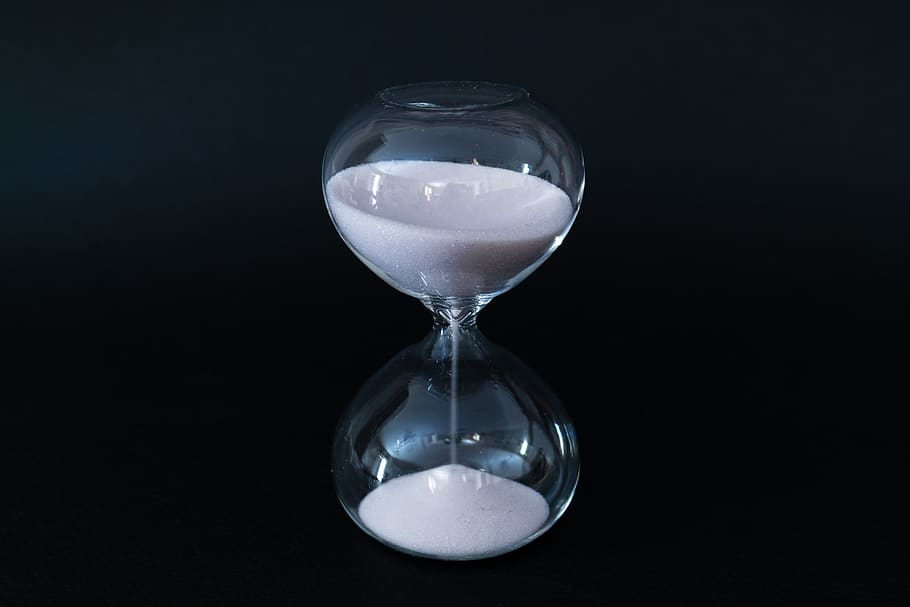 hourglass, sand, glass, time, clock, timer, countdown, timepiece, measure, black