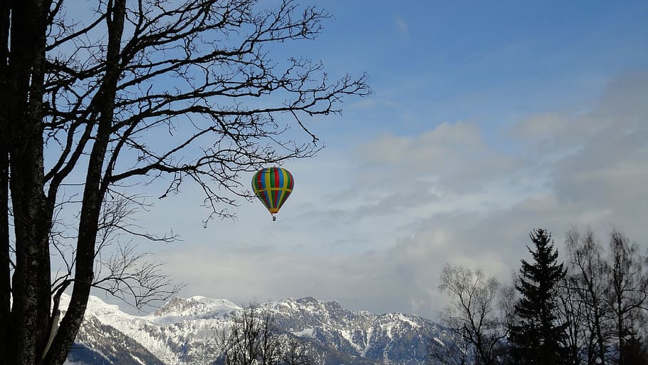 snow, nature, tree, winter, landscape, balloon, ballooning, schladming, flying, mid-air