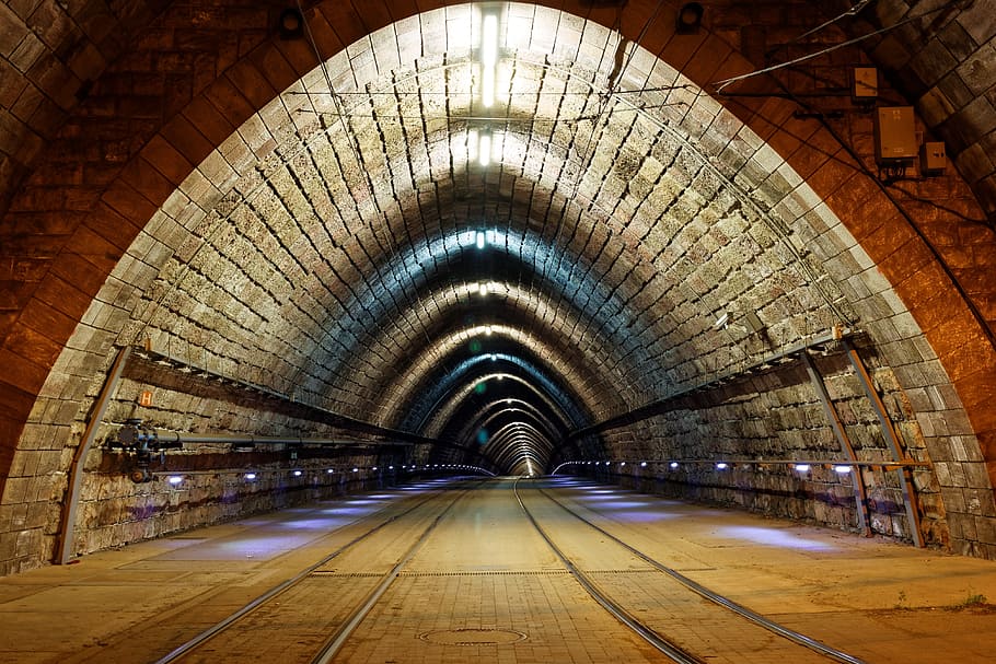 gray concrete tunnel, tunnel, night tunnel, college, rails, tram streetcar, bratislava, empty tunnel, architecture, illuminated