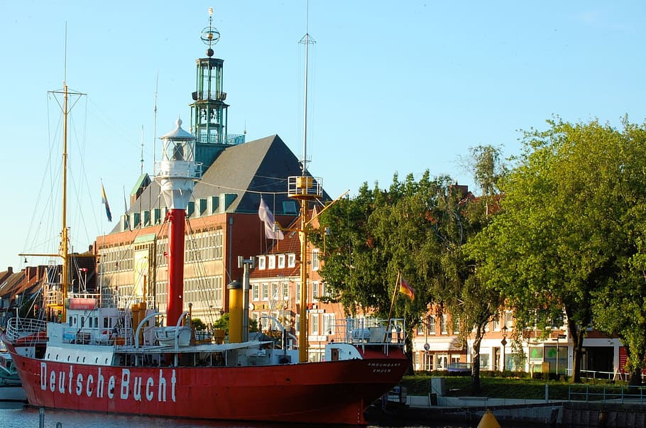 emden, lightship, town hall, built structure, architecture, building exterior, nautical vessel, tree, sky, water