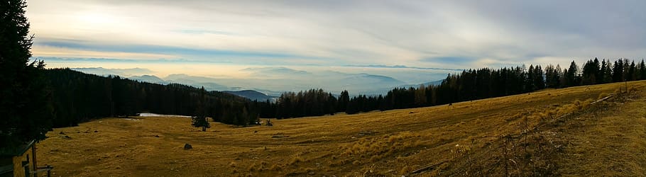 panorama, alm, meadow, valley, clouds, trees, carinthia, outlook, winter, alpenpanorma