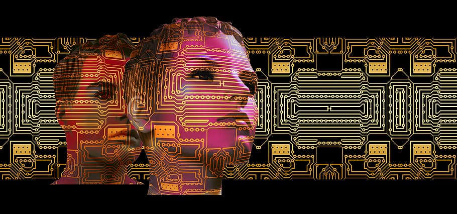 two, woman, man illustration, Board, Digitization, Face, Technology, think, human, circuits