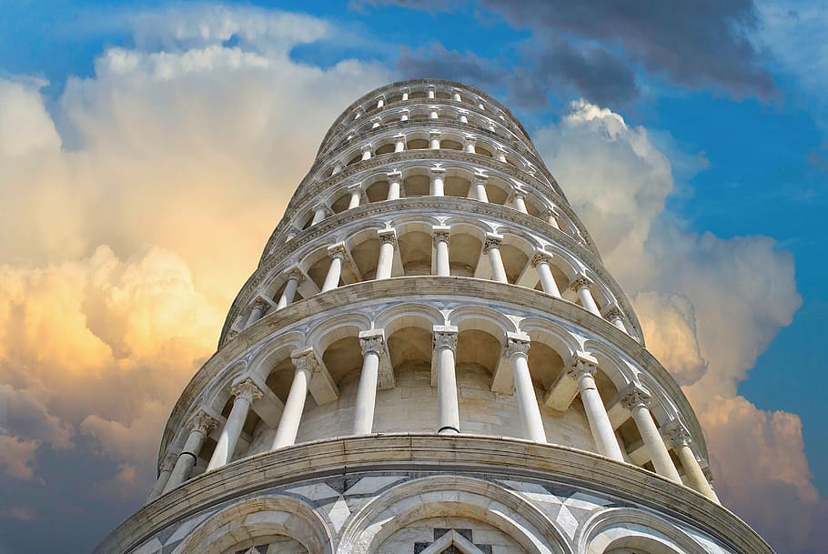 fotografía de ángulo bajo, inclinada, torre, pisa, italia, color, toscana, turismo, monumento, cultura