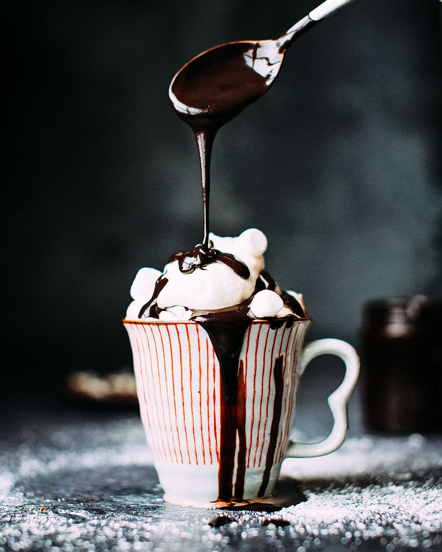mug, cup, dessert, food, sweets, chocolate, syrup, bokeh, food and drink, focus on foreground