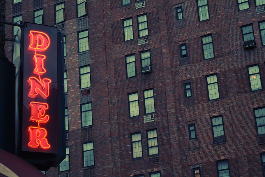 red, diner neon signage, brown, concrete, building, diner, sign, restaurant, food, dining