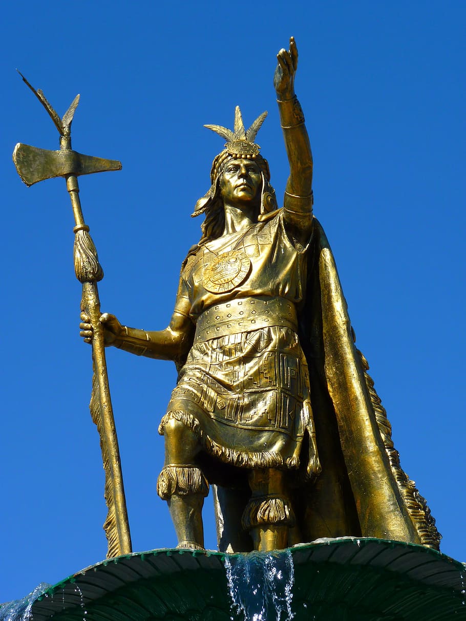 estátua do homem de ouro, estátua, humano, guerreiro, inca, cusco, peru, dourado, fonte, escultura