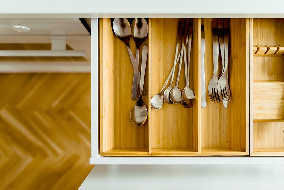 gray, steel utensils, beige, wooden, organizer drawer, house, kitchen, interior, utensils, spoon