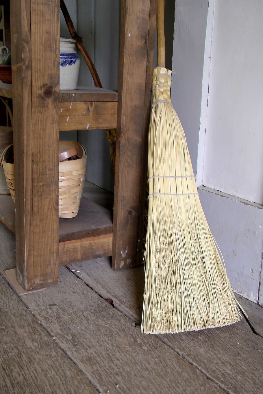 brown, beige, broom, leaning, table, brooms, brushes, tools, sweeping, cleaning