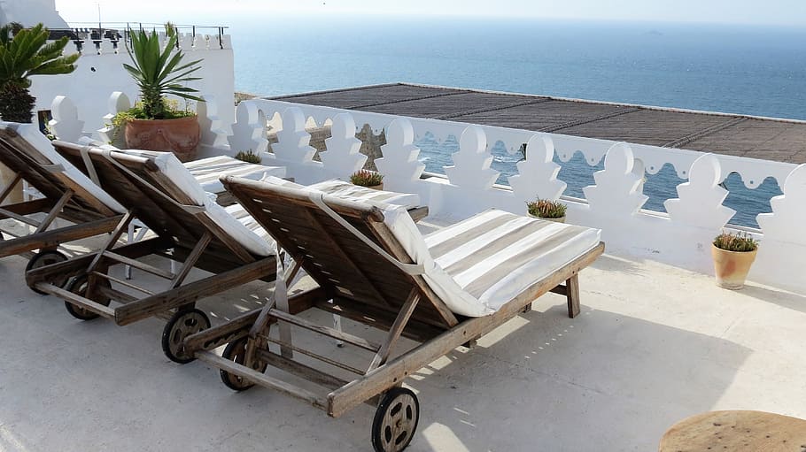 tangier, morocco, hotel, the tangerina, view, roof, travel, deck chair, idleness, ocean