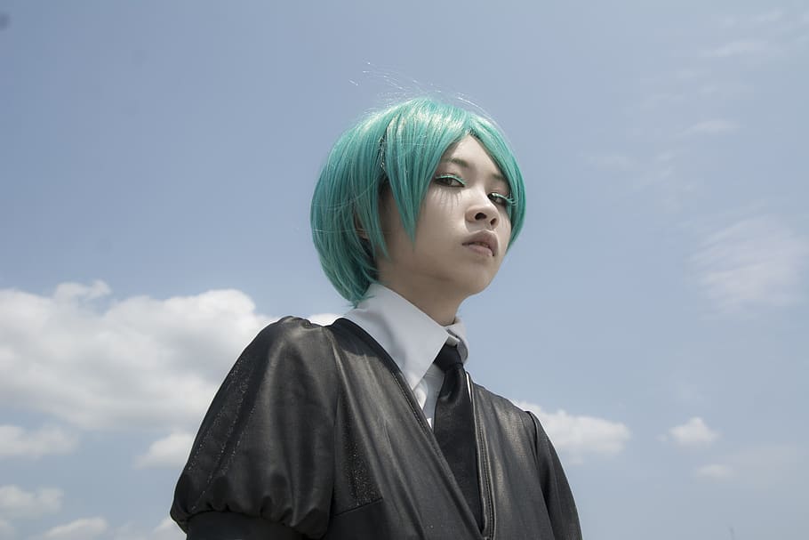 people, portrait, sky, outdoors, cosplay, landofthelustrous, one person, low angle view, looking away, cloud - sky