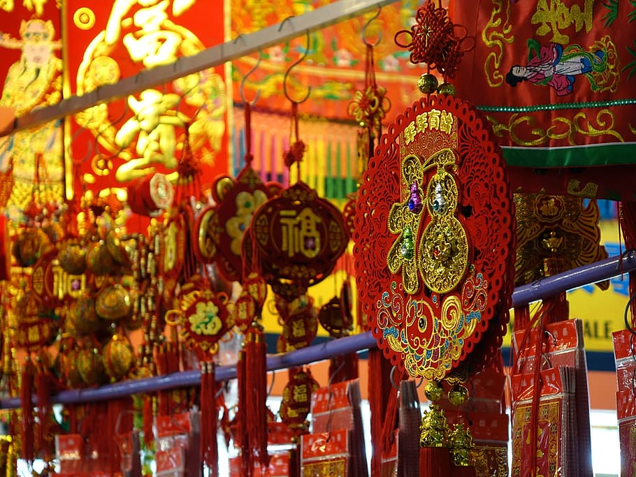 closeup, red, gold, hanging, decor, singapore, china town, colorful, chinese, decorative