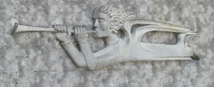 relief, angel, trombone, horn, flying, resurrection, fly, symbol, art and craft, architecture