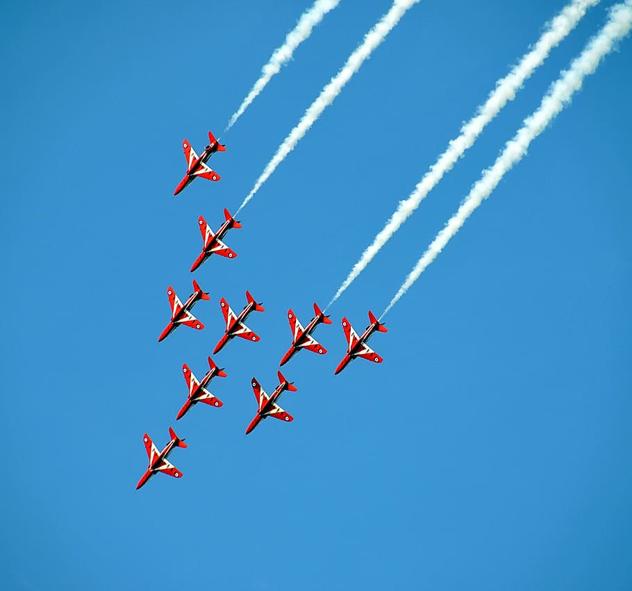 red-and-white, jet planes, sky, emitting, white, smoke, airshow, fighter jets, aerobatic, fighter