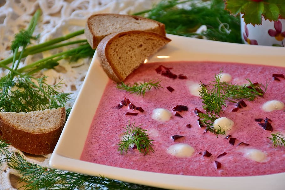 sliced, bread, ceramic, plate, beetroot, soup, eat, food, delicious, salty