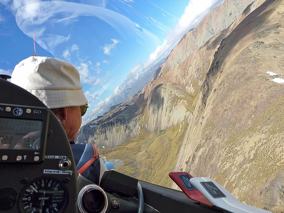 glider, mountains, view, cockpit, pilot, landscape, extreme, risk, scenic, adventure