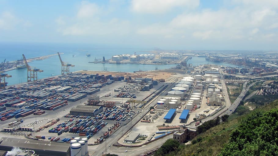 intermodal, containers, ground, body, water, port, barcelona, boats, goods, catalonia