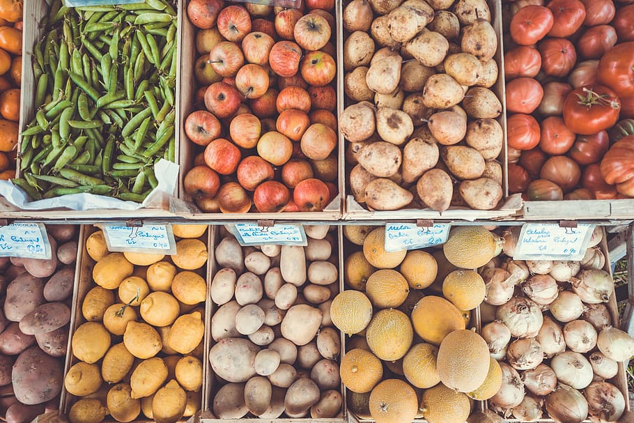 assorted-variety, fruit, displaying, rack, variety, vegetables, food, fruits, farm, fresh