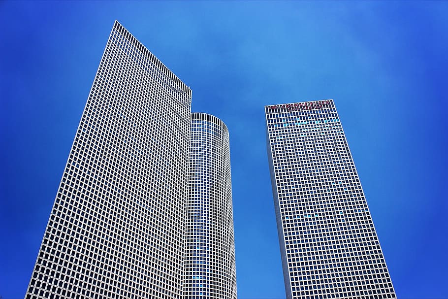 low-angle photography, two, high-rise, buildings, angle, photography, three, high, rise, towers