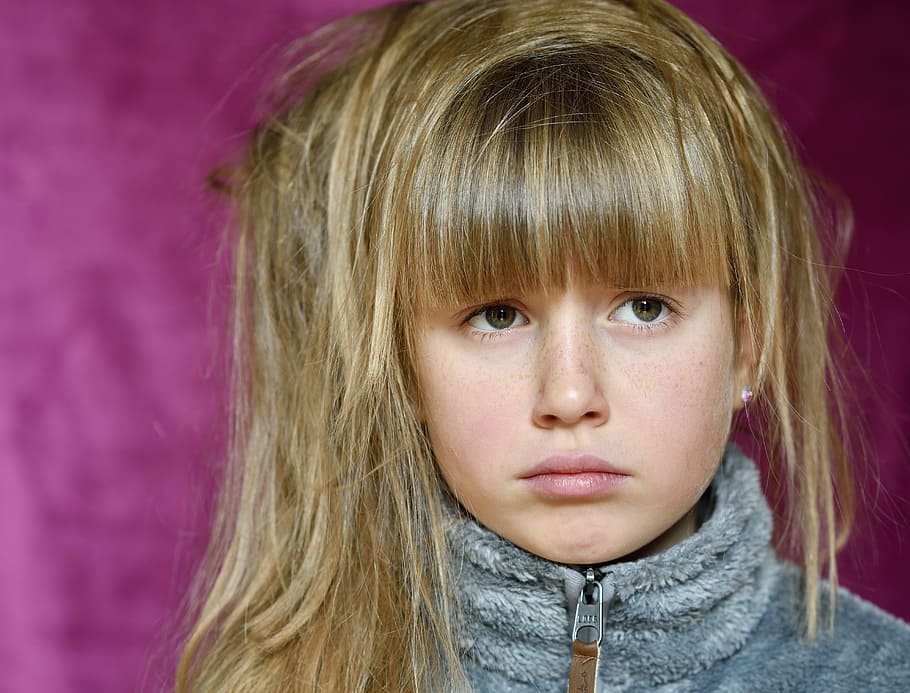 Child, Girl, Face, View, long hair, expression, pout, blond hair, children only, looking at camera
