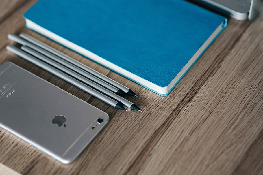 silver iphone, blue, notebook, pencils, Silver, iPhone, Apple, mobile, smartphone, notepad