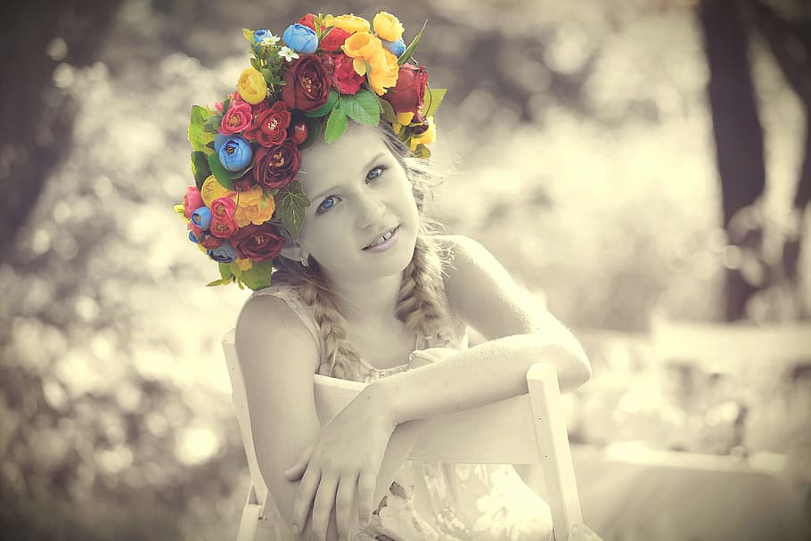 girl, sitting, chair, flower headdress, child, human, face, portrait, flowers, floral wreath