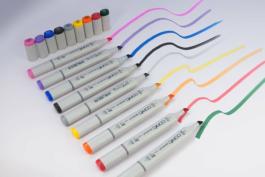 assorted markers, marker, felt tip pens, writing implement, character device, colorful, color, leave, draw, sketch