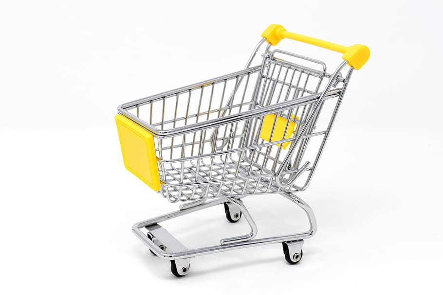 silver, yellow, grocery cart, shopping cart, shopping, purchasing, candy, trolley, shopping list, food
