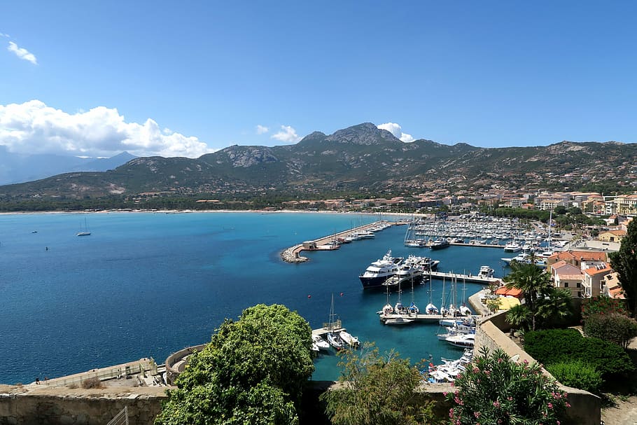 bay of calvi, corsican, france, view on the port, water, mountain, sea, transportation, sky, scenics - nature