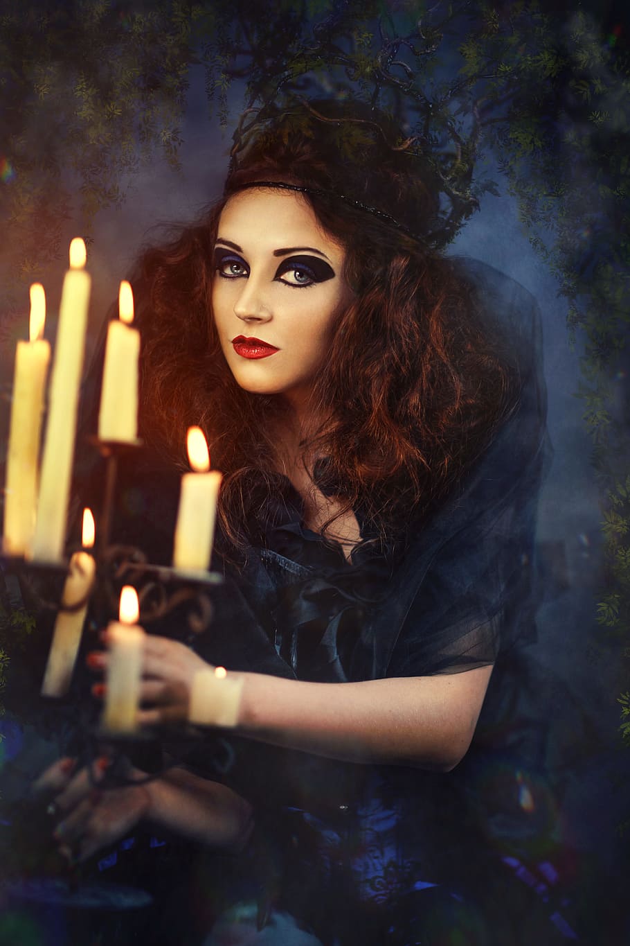 portrait painting, woman, wearing, black, dress, holding, candle holder, girl, fantasy, portrait