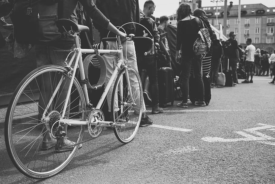 transportation, bicycle, wheels, cogs, gears, steel, lines, patterns, people, asphalt