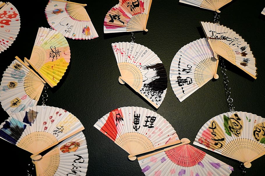 fans, the art of, japan, decorative, dashing, retro, decoration, art and craft, variation, indoors