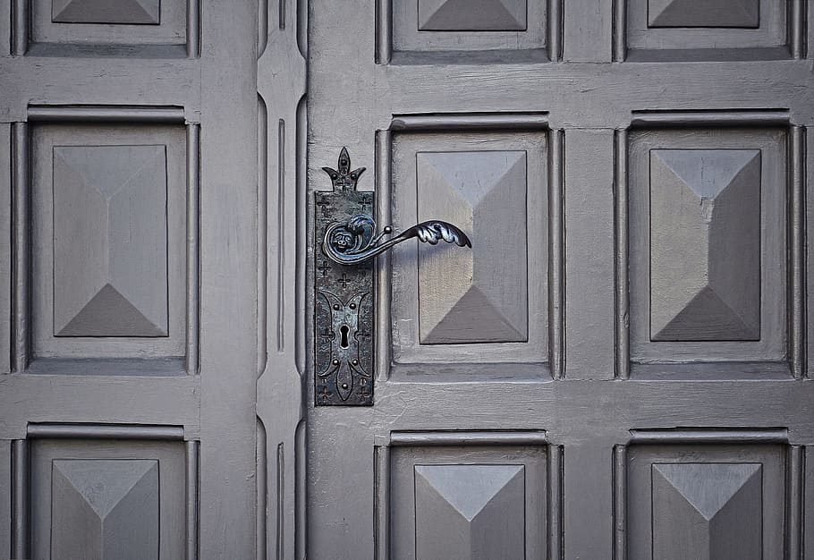 gris, puerta, manija, puerta del panel, ojo de la cerradura, madera, metal, decoración, hogar, casa
