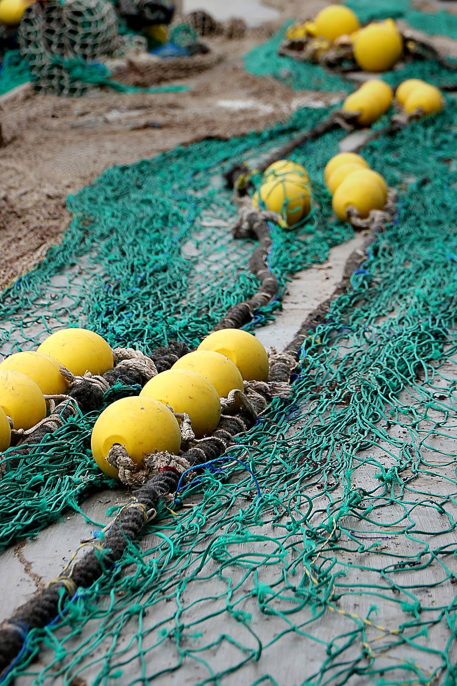 Fishing Net, Port, Network, fishing, safety net, dry nets, rope, yellow, buoy, day