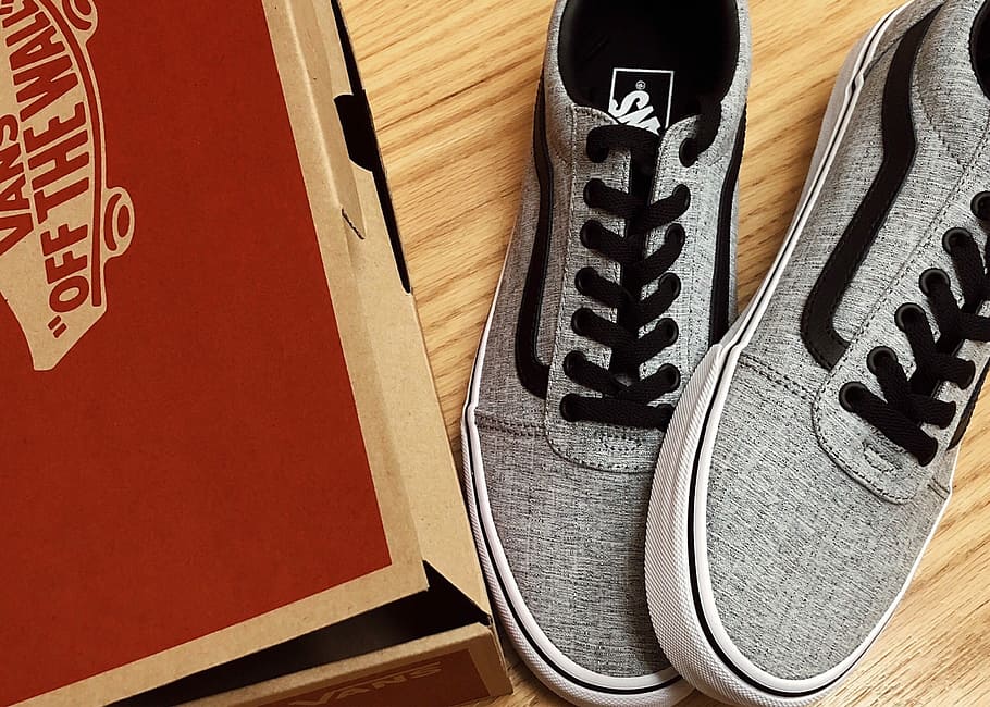 pair, gray, vans low-tops, box, wooden, surface, shoes, skate shoes, trendy, hipster