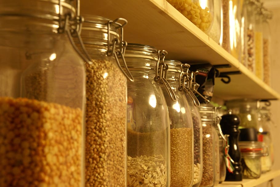 jars, filled, nuts, beans, shelf, cereals, kitchen interior, kitchen, bank, banks