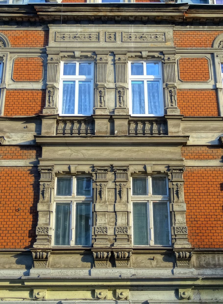 bydgoszcz, windows, architecture, facade, house, poland, building, pilasters, built structure, window