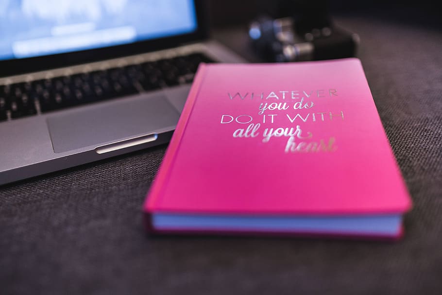 notebook, laptop, camera, diary, Pink, silver, communication, computer, text, technology