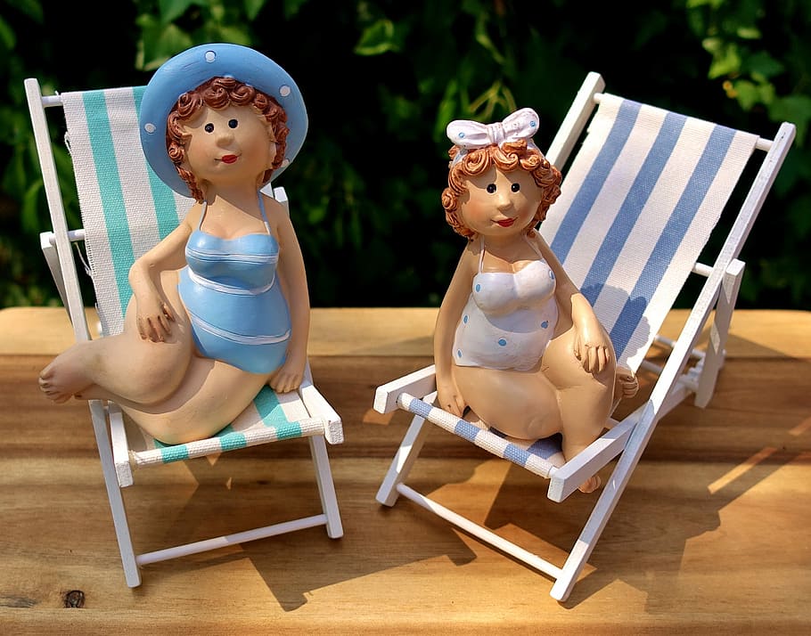dua, boneka wanita, kursi santai, wanita, subur, kurva, angka, kursi geladak, matahari, representasi