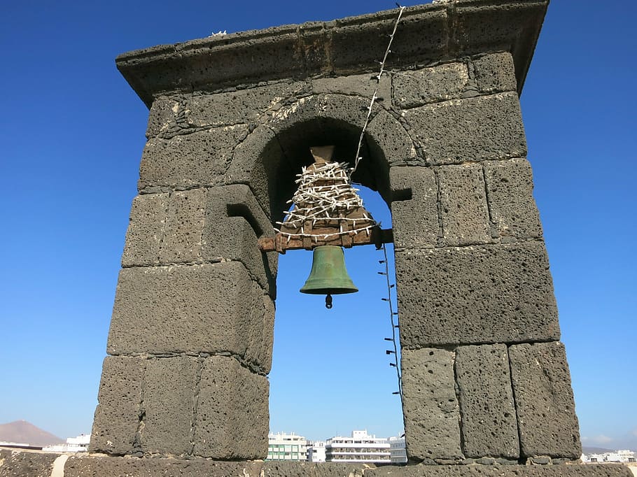 lanzarote, arrecife, castle, bell tower, built structure, architecture, low angle view, clear sky, blue, building exterior