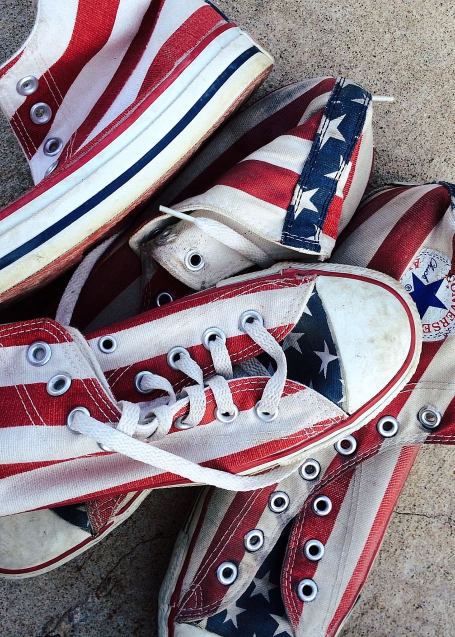 converse, chucks, sneakers, stars and stripes, footwear, aged, high angle view, red, close-up, still life