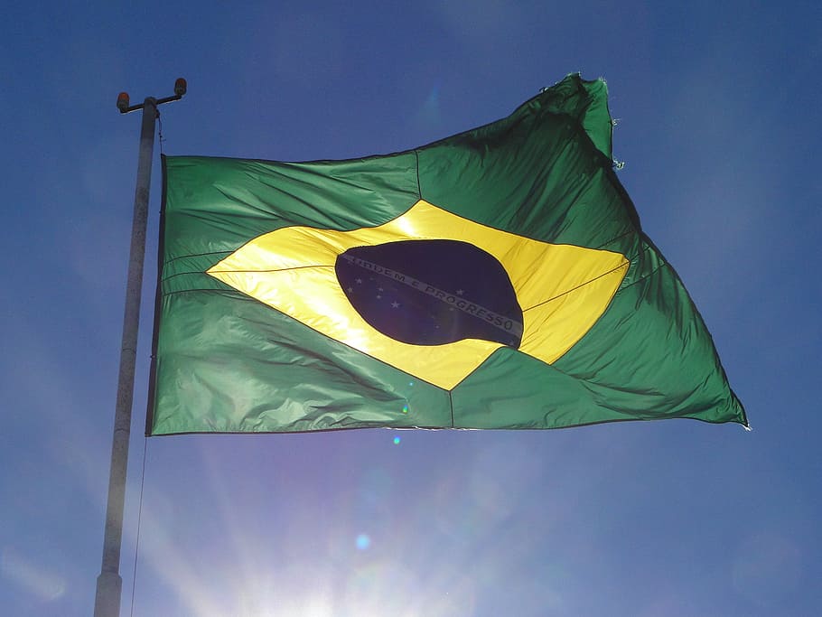 flag of brazil, mast, banner, brazil, flag, low angle view, sky, patriotism, wind, environment