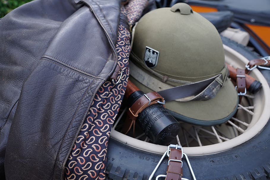 helm, leather, jacket, wheel, old, retro, war, vintage, head, hat